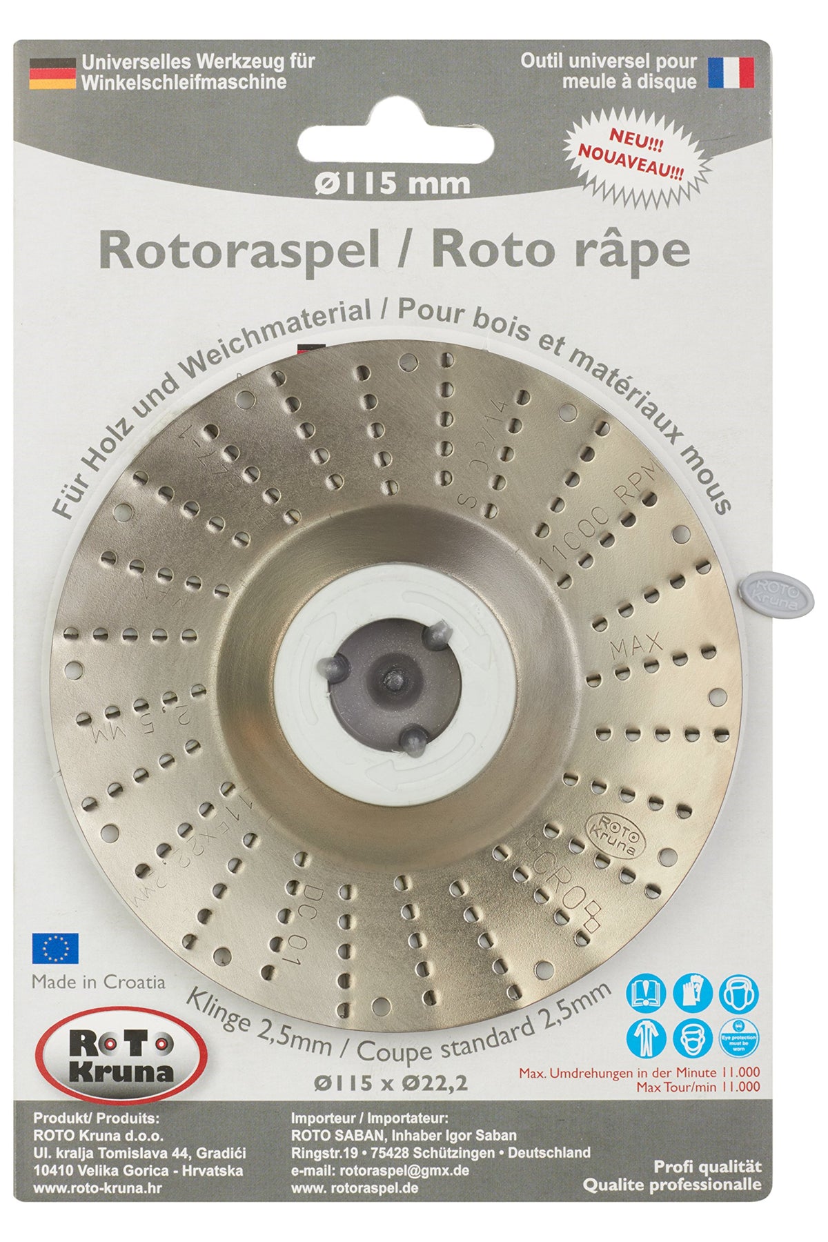 Rotoraspel Ø 115 mm (Klinge 2,5; Grob) Schleifscheibe 115x22mm für Holz,Kunststoff,Gummi