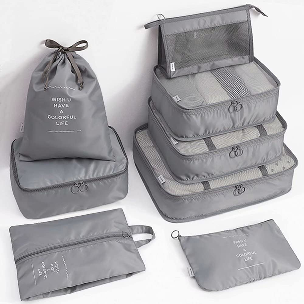 Reise-Verpackungswürfel, 8-teiliges Set Reisewürfel, faltbare Gepäckaufbewahrungstasche, leichte Gepäckaufbewahrungstasche (Grau)
