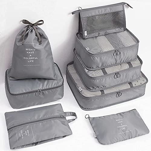 Reise-Verpackungswürfel, 8-teiliges Set Reisewürfel, faltbare Gepäckaufbewahrungstasche, leichte Gepäckaufbewahrungstasche (Grau)