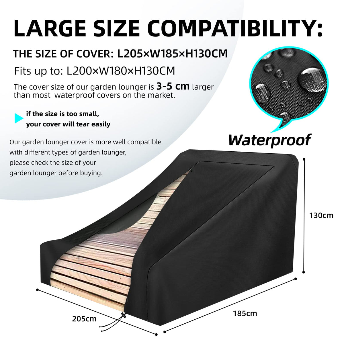 Abdeckung für Gartenliege, 420D Oxford-Stoff Waldsofa, Wasserdicht, Winddicht, Holzliege Geschwungen (205x185x130cm)