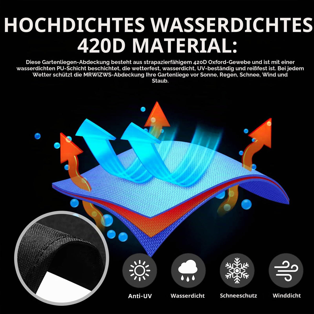Abdeckung für Gartenliege, 420D Oxford-Stoff Waldsofa, Wasserdicht, Winddicht, Holzliege Geschwungen (205x185x130cm)