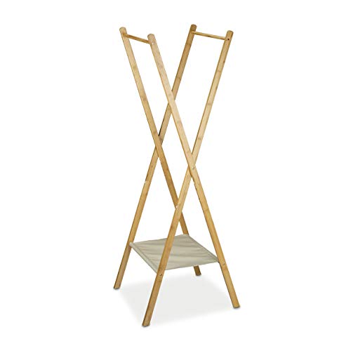 Relaxdays Kleiderständer aus Bambus HBT: 155,5 x 50 x 57,5 cm Garderobenständer mit praktischer Schuhablage platzsparend klappbar als Wäscheständer und Garderobe mit 2 Kleiderstangen aus Holz, natur