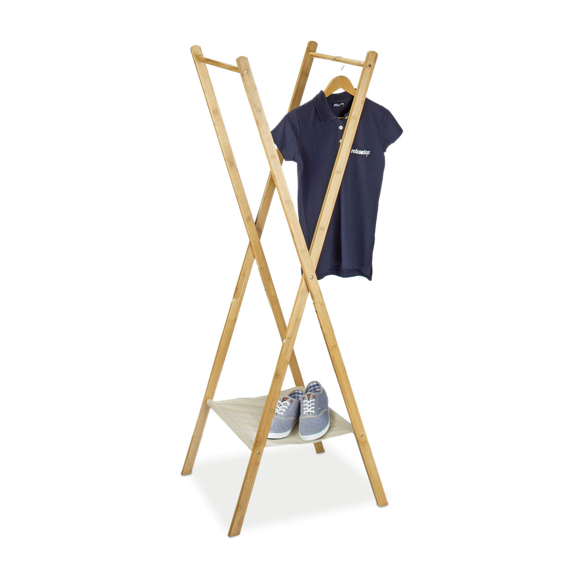 Relaxdays Kleiderständer aus Bambus HBT: 155,5 x 50 x 57,5 cm Garderobenständer mit praktischer Schuhablage platzsparend klappbar als Wäscheständer und Garderobe mit 2 Kleiderstangen aus Holz, natur