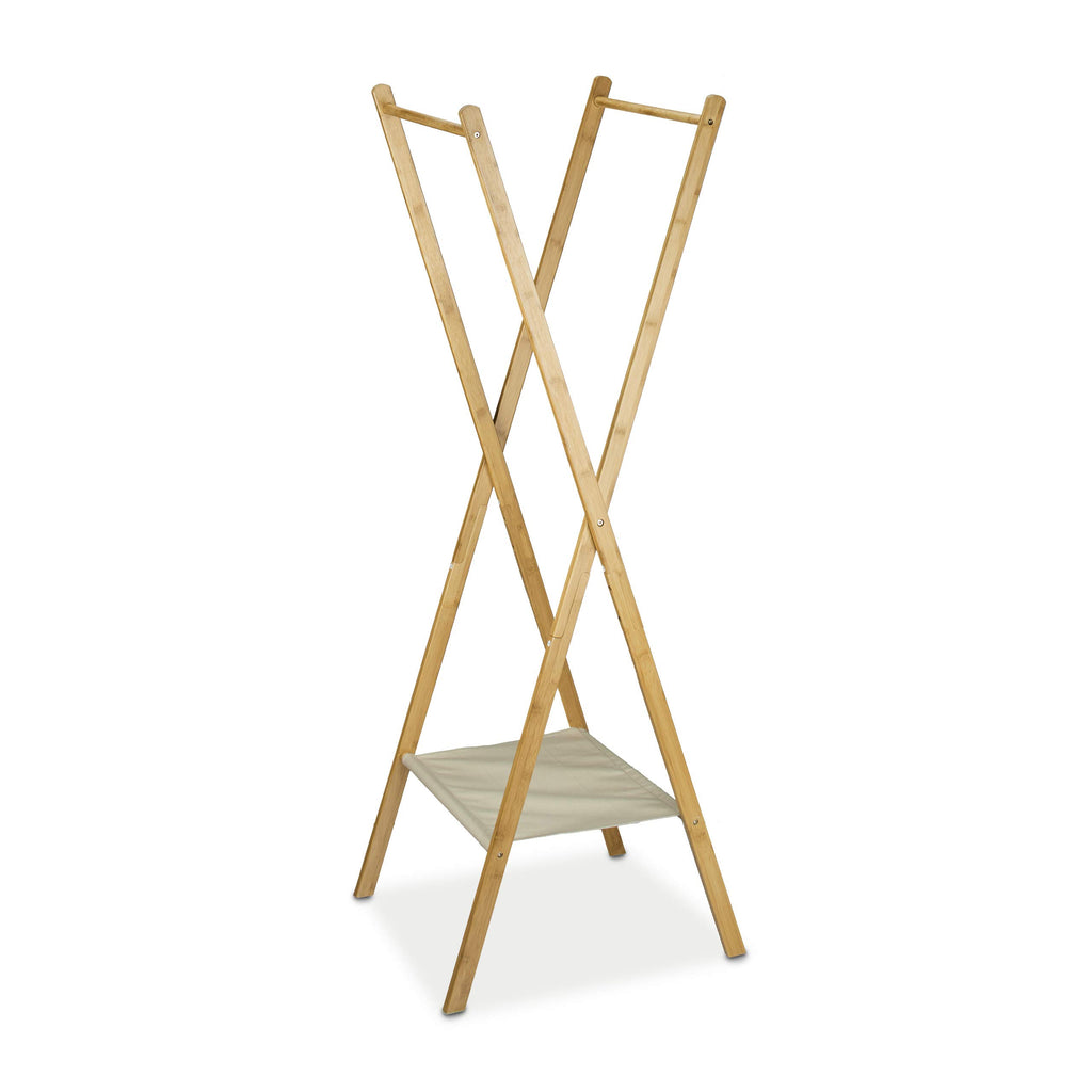Relaxdays Kleiderständer aus Bambus HBT: 155,5 x 50 x 57,5 cm Garderobenständer mit praktischer Schuhablage platzsparend klappbar als Wäscheständer und Garderobe mit 2 Kleiderstangen aus Holz, natur