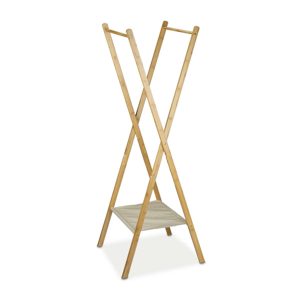 Relaxdays Kleiderständer aus Bambus HBT: 155,5 x 50 x 57,5 cm Garderobenständer mit praktischer Schuhablage platzsparend klappbar als Wäscheständer und Garderobe mit 2 Kleiderstangen aus Holz, natur