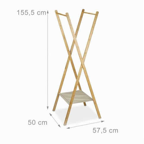 Relaxdays Kleiderständer aus Bambus HBT: 155,5 x 50 x 57,5 cm Garderobenständer mit praktischer Schuhablage platzsparend klappbar als Wäscheständer und Garderobe mit 2 Kleiderstangen aus Holz, natur
