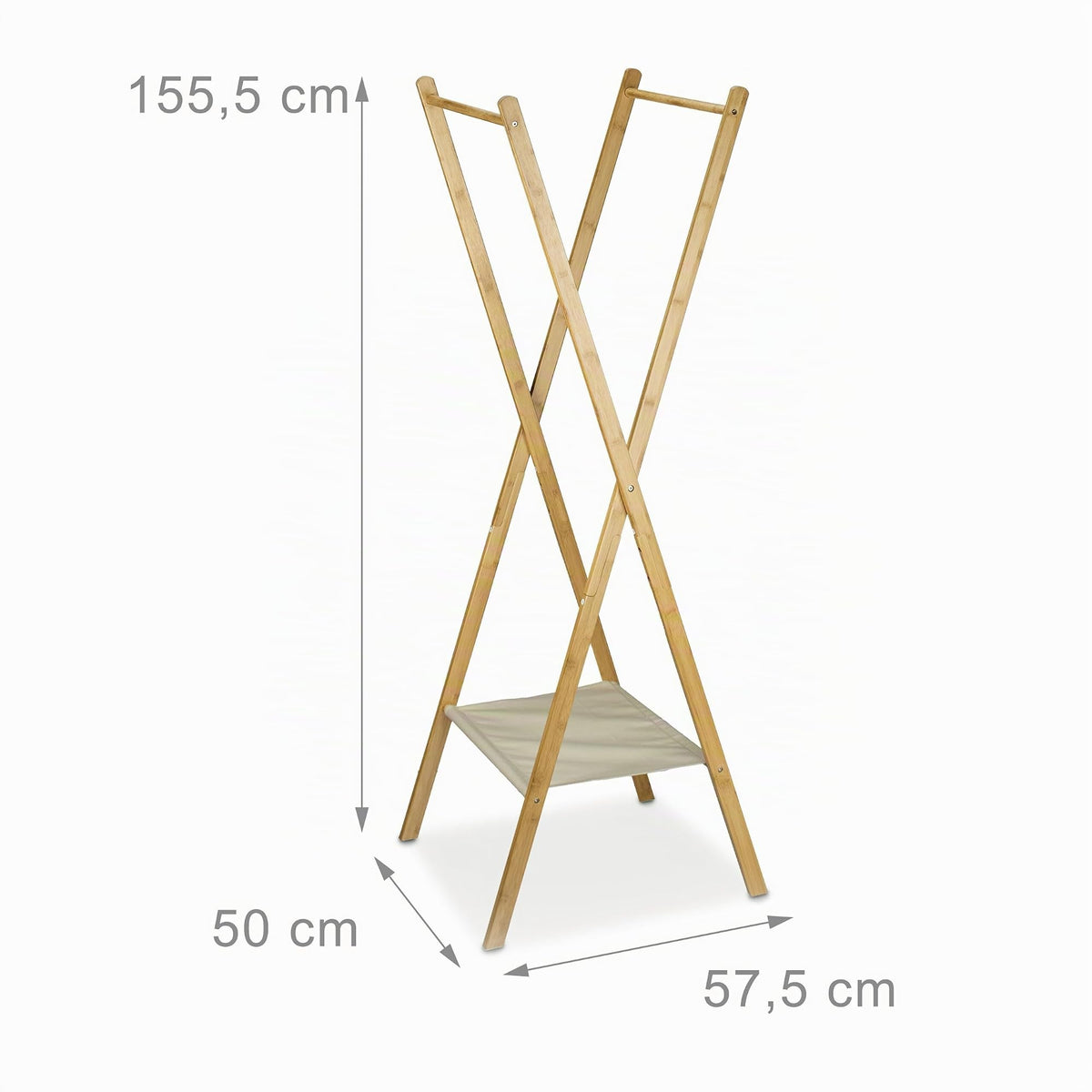 Relaxdays Kleiderständer aus Bambus HBT: 155,5 x 50 x 57,5 cm Garderobenständer mit praktischer Schuhablage platzsparend klappbar als Wäscheständer und Garderobe mit 2 Kleiderstangen aus Holz, natur