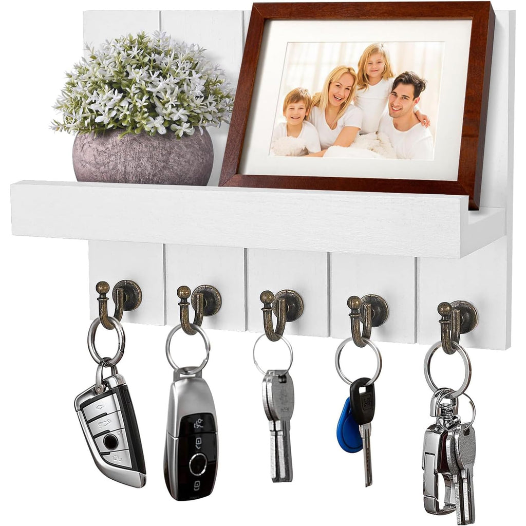 Schlüsselbrett mit Ablage, Schlüsselbrett Holz, Dekoratives Holz Wandregal, mit 5 Schlüsselhaken, für Eingang, Flur, Schlafzimmer, Wohnzimmer, Weiß