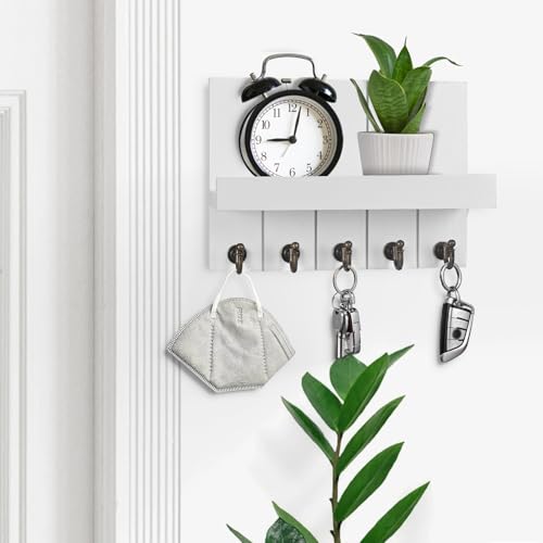 Schlüsselbrett mit Ablage, Schlüsselbrett Holz, Dekoratives Holz Wandregal, mit 5 Schlüsselhaken, für Eingang, Flur, Schlafzimmer, Wohnzimmer, Weiß