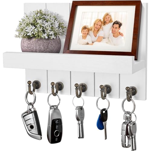 Schlüsselbrett mit Ablage, Schlüsselbrett Holz, Dekoratives Holz Wandregal, mit 5 Schlüsselhaken, für Eingang, Flur, Schlafzimmer, Wohnzimmer, Weiß