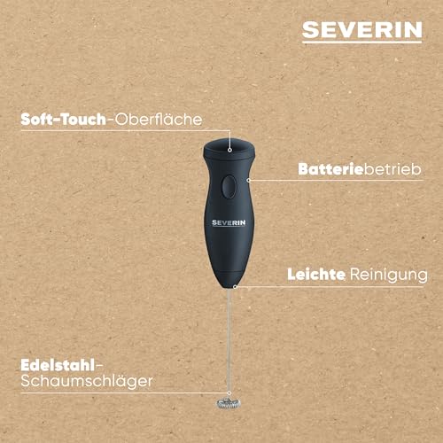 Severin Milchaufschäumer Stab, kompakter Milchschäumer aus Edelstahl, elektrischer Milchaufschäumer mit Batteriebetrieb und einfacher Handhabung, inkl. 2 Batterien, schwarz, SM 3590