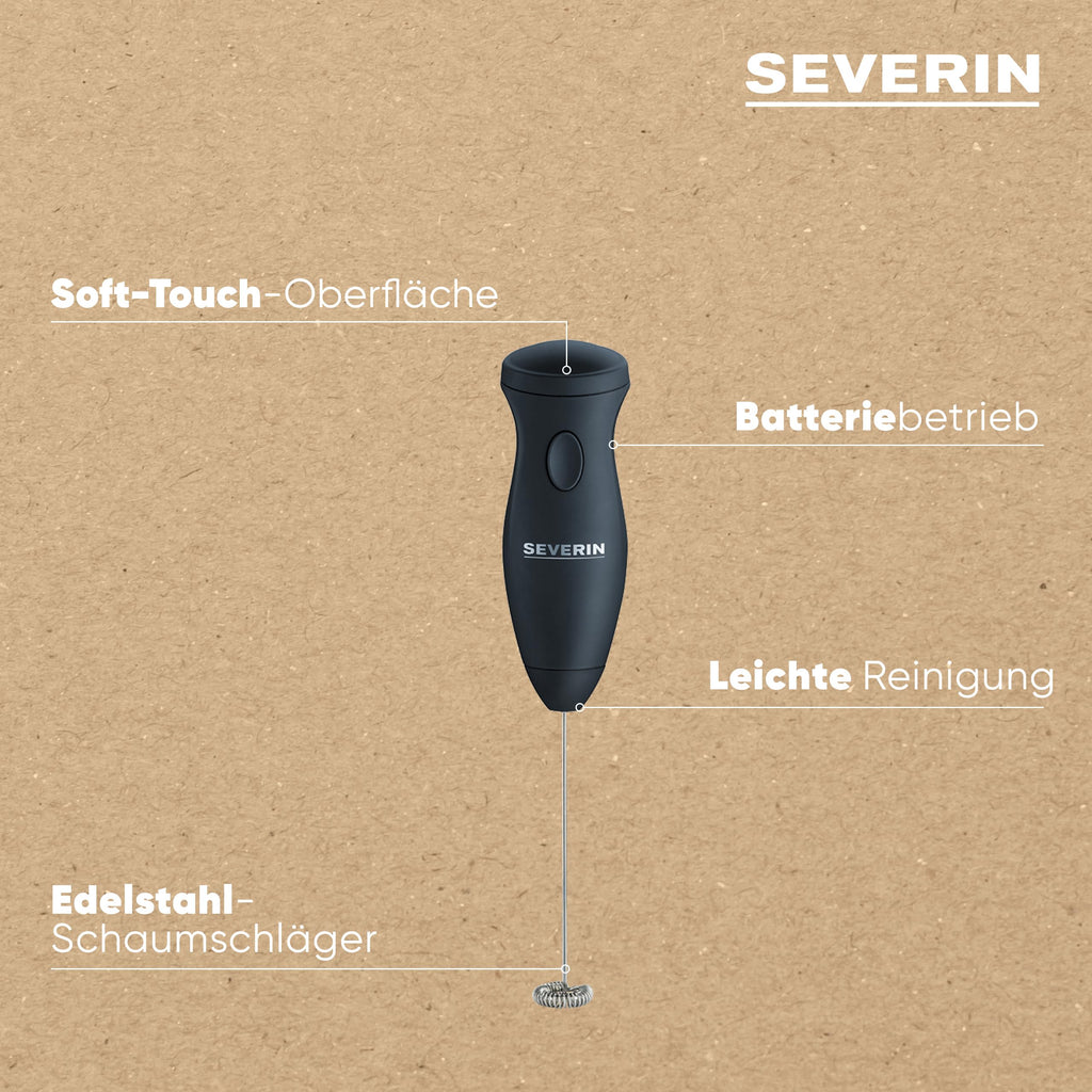 Severin Milchaufschäumer Stab, kompakter Milchschäumer aus Edelstahl, elektrischer Milchaufschäumer mit Batteriebetrieb und einfacher Handhabung, inkl. 2 Batterien, schwarz, SM 3590