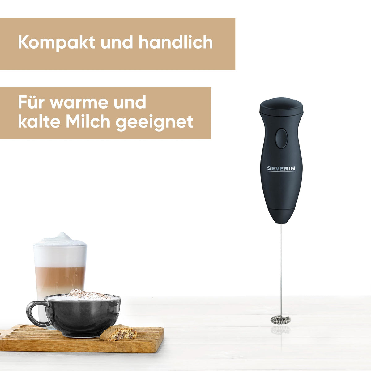Severin Milchaufschäumer Stab, kompakter Milchschäumer aus Edelstahl, elektrischer Milchaufschäumer mit Batteriebetrieb und einfacher Handhabung, inkl. 2 Batterien, schwarz, SM 3590