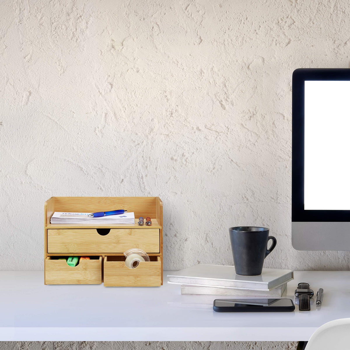 Relaxdays Organizer, Bambus Briefablage, Schubladen für Büro Utensilien, Ordnungssystem Schreibtisch, Natur, H x B x T: ca. 21 x 30 x 20 cm, Hellbraun