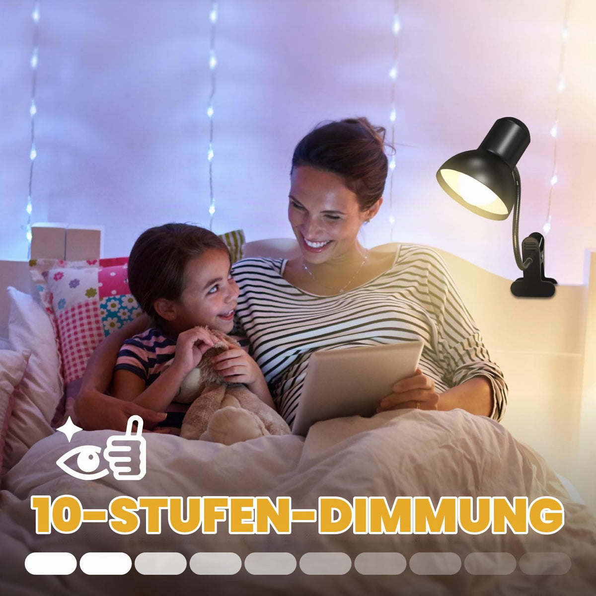 Klemmlampe Bett mit Fernbedienung, Wiederaufladbare Leselampe Bett, 15 Farben 10 Helligkeitsstufen, Flexible Klemmleuchten für Kinderzimmer, Camping, RGB-Stimmungsbeleuchtung