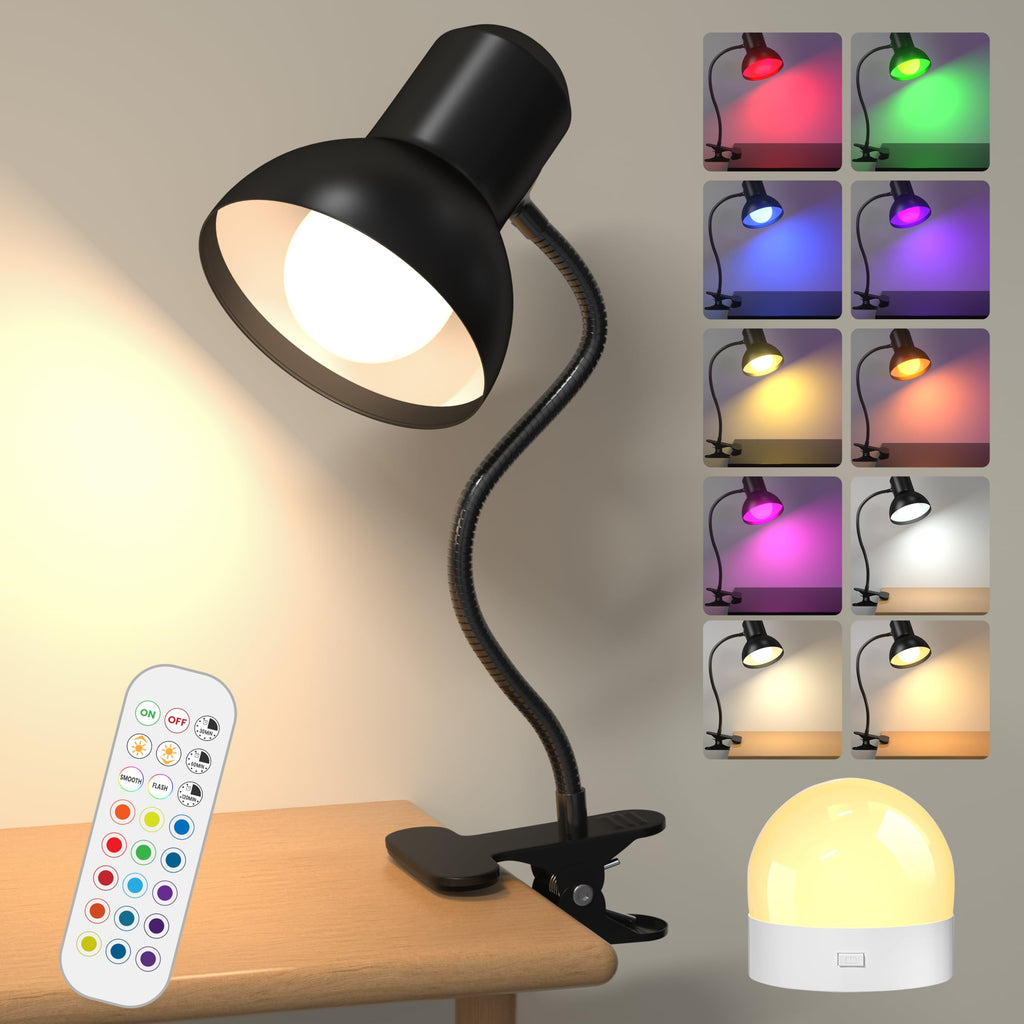 Klemmlampe Bett mit Fernbedienung, Wiederaufladbare Leselampe Bett, 15 Farben 10 Helligkeitsstufen, Flexible Klemmleuchten für Kinderzimmer, Camping, RGB-Stimmungsbeleuchtung