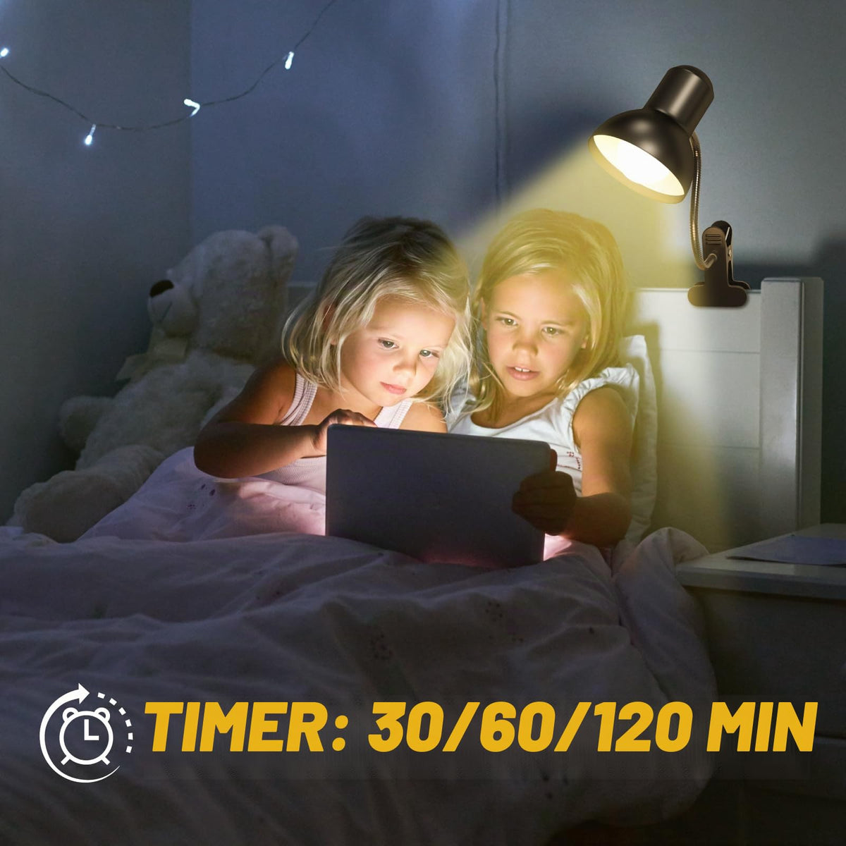 Klemmlampe Bett mit Fernbedienung, Wiederaufladbare Leselampe Bett, 15 Farben 10 Helligkeitsstufen, Flexible Klemmleuchten für Kinderzimmer, Camping, RGB-Stimmungsbeleuchtung