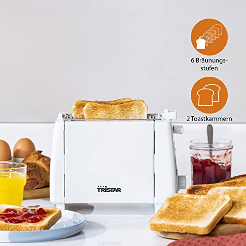 Tristar Toaster, 650 W, 2 Scheiben, 6 Bräunungsstufen, Brötchenaufsatz, Weiß [BR-1009]