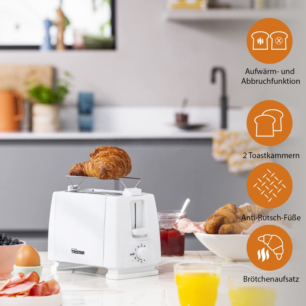 Tristar Toaster, 650 W, 2 Scheiben, 6 Bräunungsstufen, Brötchenaufsatz, Weiß [BR-1009]