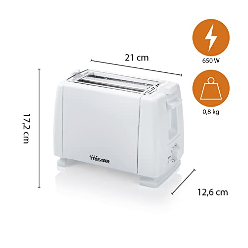 Tristar Toaster, 650 W, 2 Scheiben, 6 Bräunungsstufen, Brötchenaufsatz, Weiß [BR-1009]