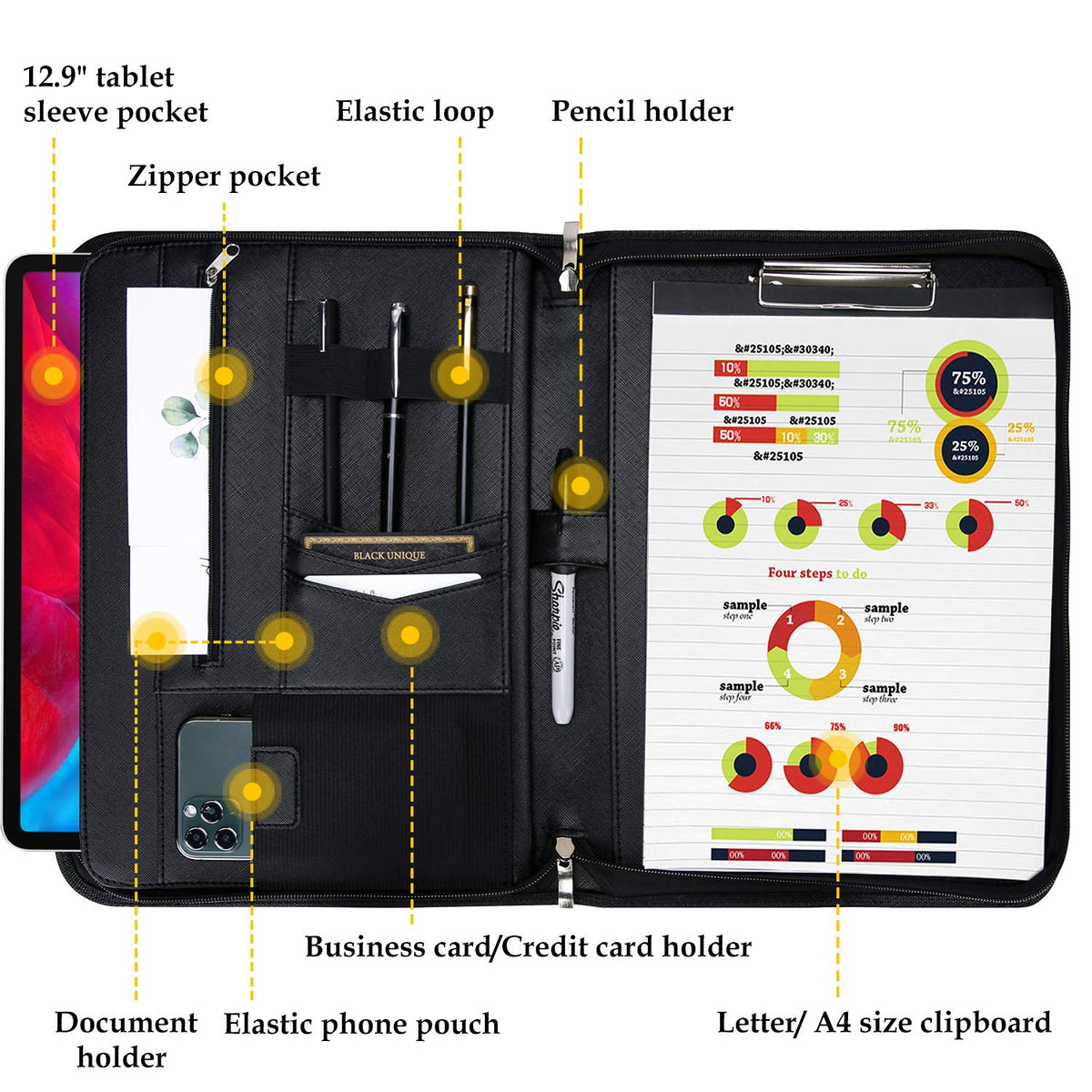 ProCase A4 Schreibmappe Konferenzmappe Portfolio Dokumentenmappe -Schwarz