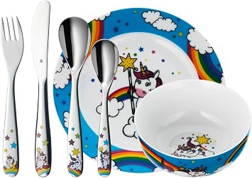 WMF Einhorn Kinder Geschirrset 6-teilig, Kindergeschirr mit Kinderbesteck Edelstahl, 3-9 Jahre, Cromargan poliert, spülmaschinengeeignet