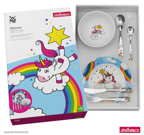 WMF Einhorn Kinder Geschirrset 6-teilig, Kindergeschirr mit Kinderbesteck Edelstahl, 3-9 Jahre, Cromargan poliert, spülmaschinengeeignet