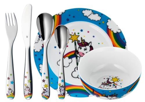 WMF Einhorn Kinder Geschirrset 6-teilig, Kindergeschirr mit Kinderbesteck Edelstahl, 3-9 Jahre, Cromargan poliert, spülmaschinengeeignet
