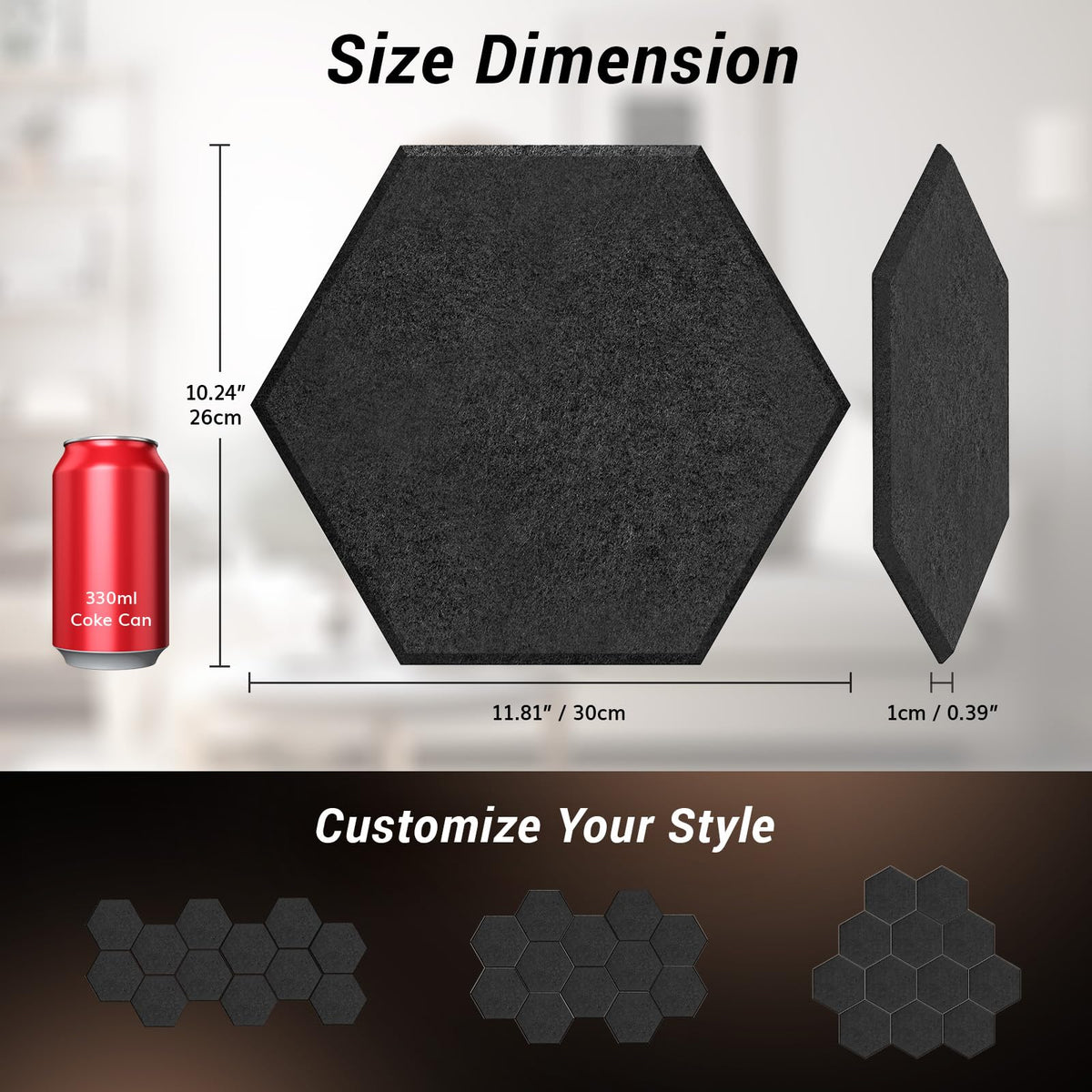 Hexagon Akustikpaneele selbstklebend 18 Stücke, TONOR Schallabsorber Schallschutz mit Hochdichte Wandfliesen Schalldämmung 30x26x1 cm für Studio, Büro, Akustische Behandlung und Gaming deko, Schwarz