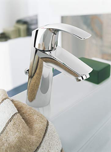 GROHE Eurosmart, Waschtischarmatur, wassersparend (Wasserhahn für das Bad, Badarmatur mit Zugstangen-Ablauf, 17cm hoch, einfache Installation am Waschbecken), chrom, 23322001