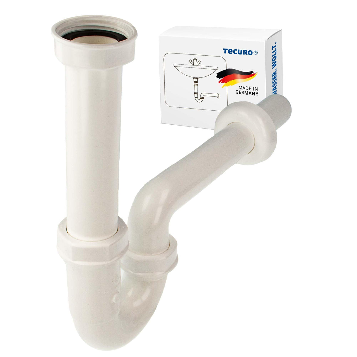 tecuro Geruchsverschluss 1 1/4 Zoll für Wandanschluss Ø 32 mm, für Spülen, inkl. 70 mm Rosette und Aller Dichtungen, Siphon Kunststoff weiß