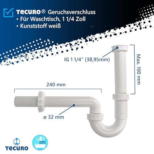 tecuro Geruchsverschluss 1 1/4 Zoll für Wandanschluss Ø 32 mm, für Spülen, inkl. 70 mm Rosette und Aller Dichtungen, Siphon Kunststoff weiß