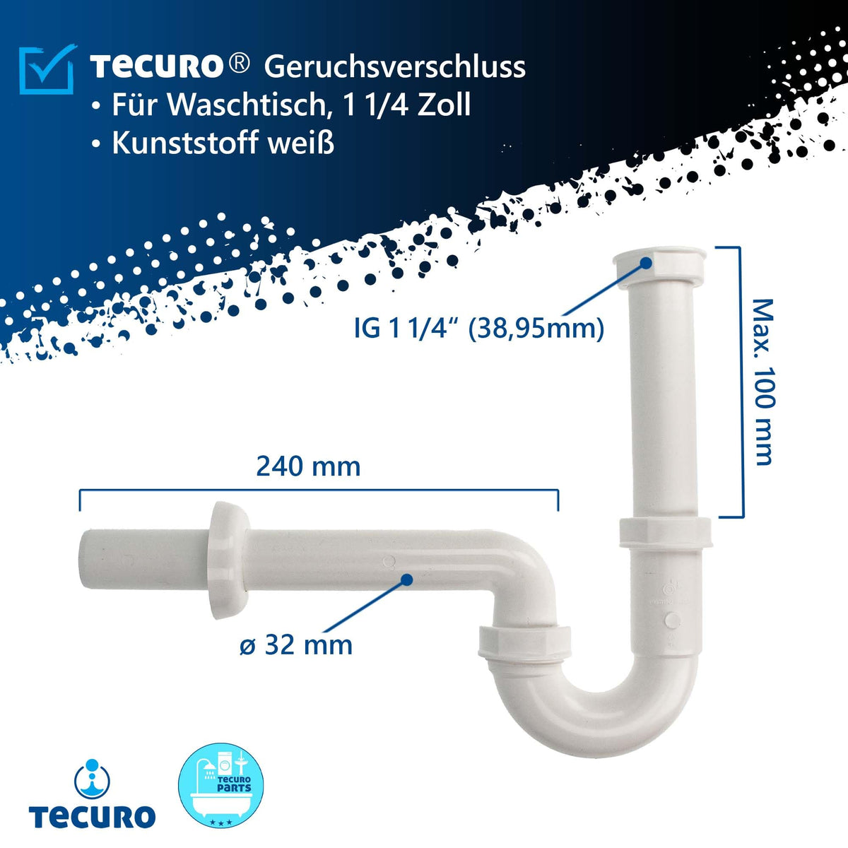 tecuro Geruchsverschluss 1 1/4 Zoll für Wandanschluss Ø 32 mm, für Spülen, inkl. 70 mm Rosette und Aller Dichtungen, Siphon Kunststoff weiß