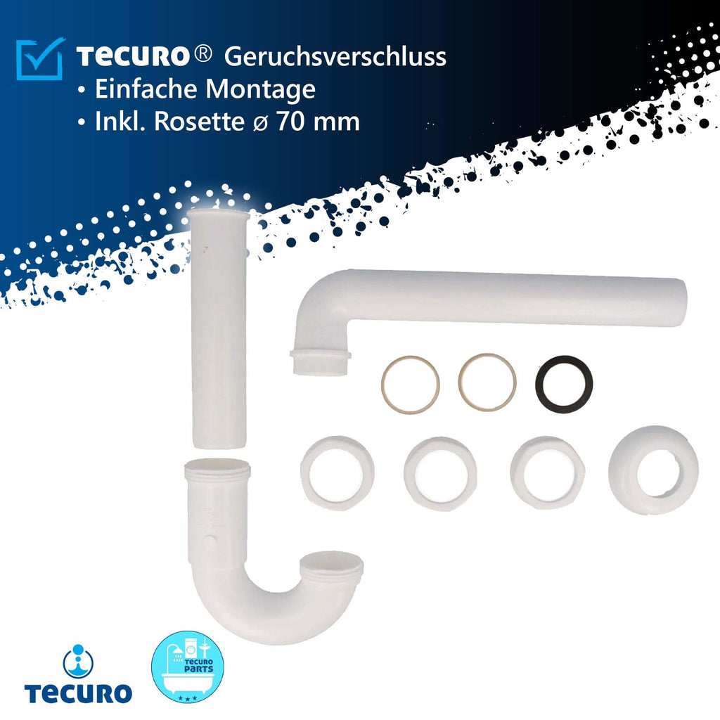 tecuro Geruchsverschluss 1 1/4 Zoll für Wandanschluss Ø 32 mm, für Spülen, inkl. 70 mm Rosette und Aller Dichtungen, Siphon Kunststoff weiß