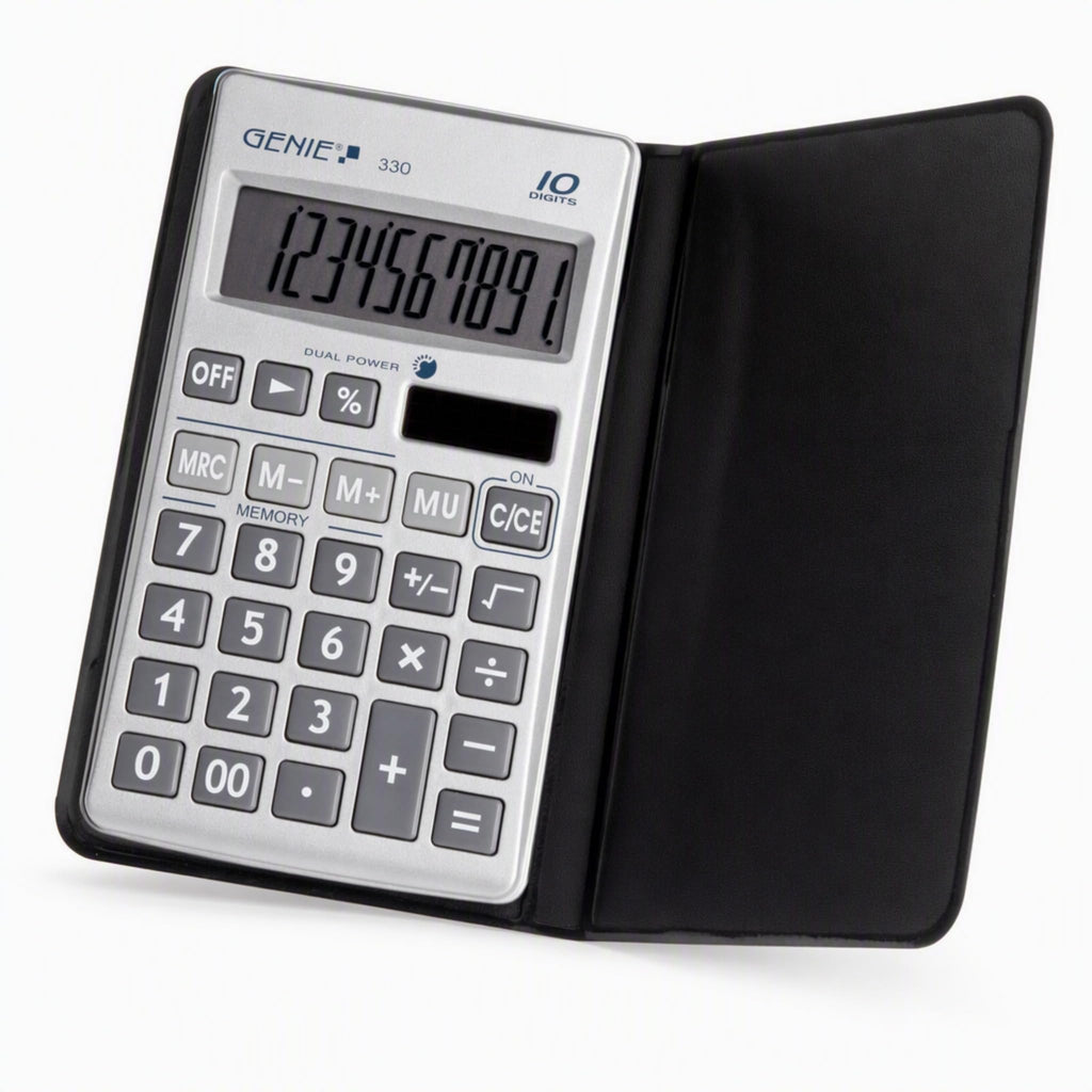 Genie 330 Taschenrechner – Kompakt & Flach, 10-stelliges Display, Tischrechner Solar & Batterie (Dual Power), inkl. Etui – Büro, Schule & Alltag Rechner