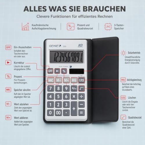 Genie 330 Taschenrechner – Kompakt & Flach, 10-stelliges Display, Tischrechner Solar & Batterie (Dual Power), inkl. Etui – Büro, Schule & Alltag Rechner