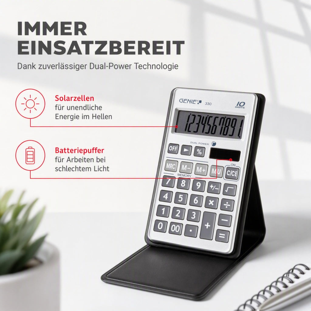 Genie 330 Taschenrechner – Kompakt & Flach, 10-stelliges Display, Tischrechner Solar & Batterie (Dual Power), inkl. Etui – Büro, Schule & Alltag Rechner