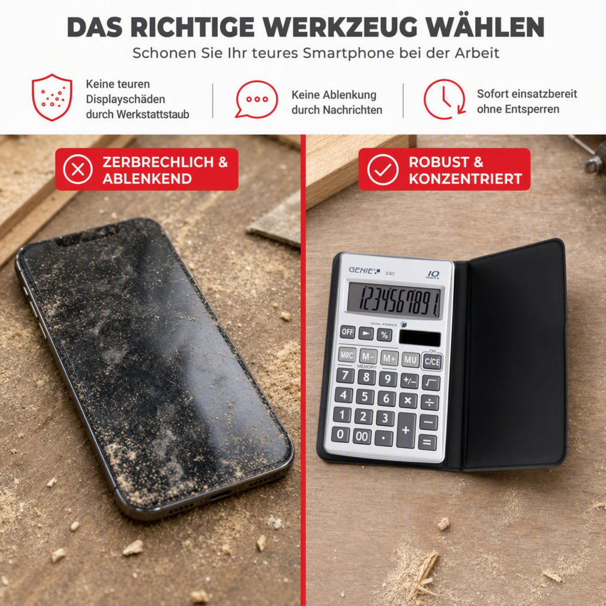 Genie 330 Taschenrechner – Kompakt & Flach, 10-stelliges Display, Tischrechner Solar & Batterie (Dual Power), inkl. Etui – Büro, Schule & Alltag Rechner
