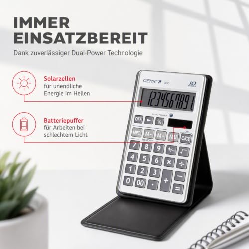 Genie 330 Taschenrechner – Kompakt & Flach, 10-stelliges Display, Tischrechner Solar & Batterie (Dual Power), inkl. Etui – Büro, Schule & Alltag Rechner