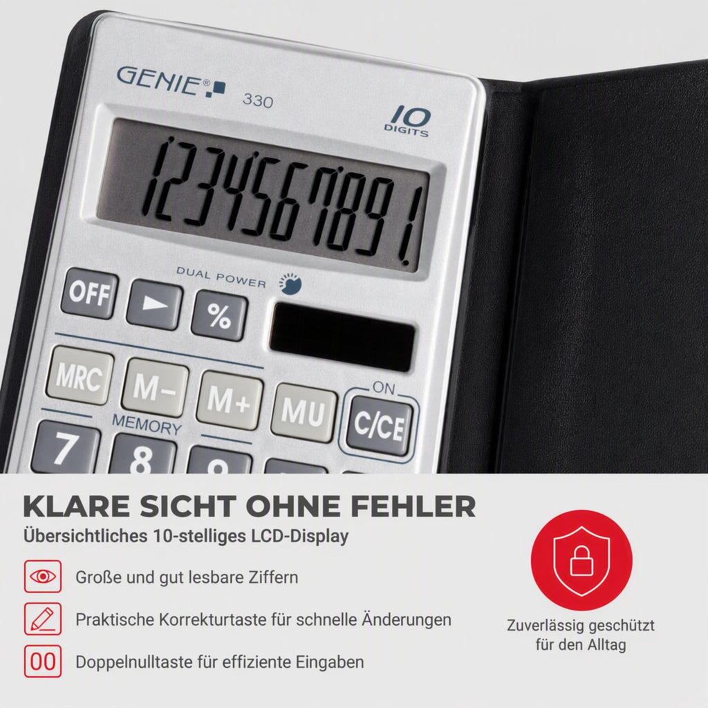 Genie 330 Taschenrechner – Kompakt & Flach, 10-stelliges Display, Tischrechner Solar & Batterie (Dual Power), inkl. Etui – Büro, Schule & Alltag Rechner