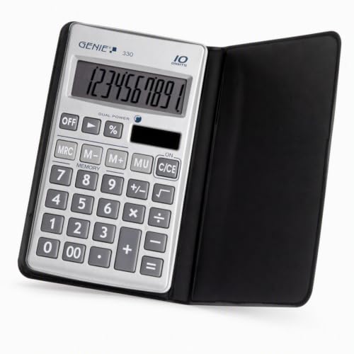 Genie 330 Taschenrechner – Kompakt & Flach, 10-stelliges Display, Tischrechner Solar & Batterie (Dual Power), inkl. Etui – Büro, Schule & Alltag Rechner