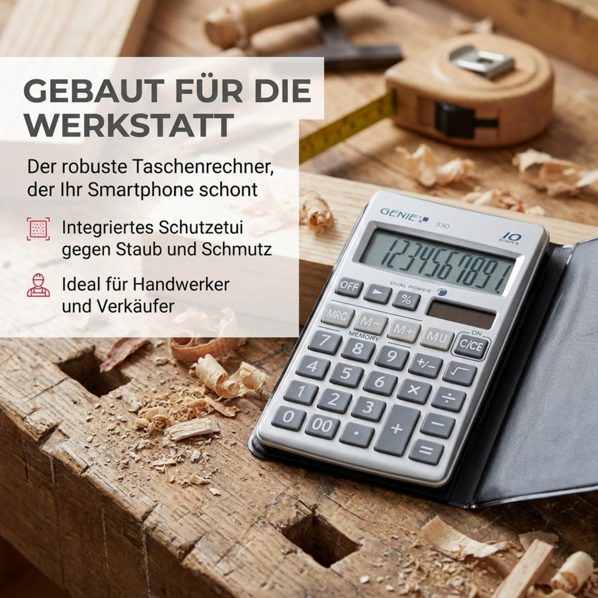 Genie 330 Taschenrechner – Kompakt & Flach, 10-stelliges Display, Tischrechner Solar & Batterie (Dual Power), inkl. Etui – Büro, Schule & Alltag Rechner