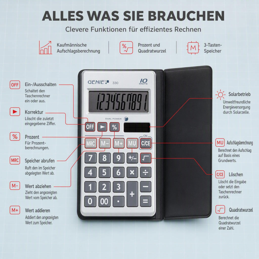Genie 330 Taschenrechner – Kompakt & Flach, 10-stelliges Display, Tischrechner Solar & Batterie (Dual Power), inkl. Etui – Büro, Schule & Alltag Rechner