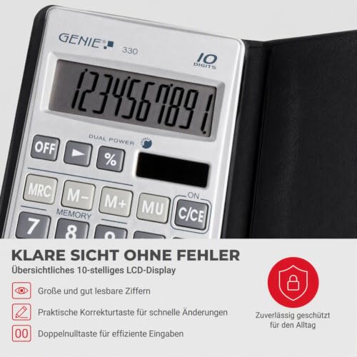 Genie 330 Taschenrechner – Kompakt & Flach, 10-stelliges Display, Tischrechner Solar & Batterie (Dual Power), inkl. Etui – Büro, Schule & Alltag Rechner