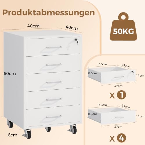 Rollcontainer mit 5 Schubladen, Aktenschrank Mit Schloss Metallrädern