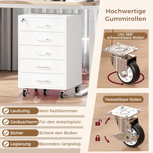 Rollcontainer mit 5 Schubladen, Aktenschrank Mit Schloss Metallrädern