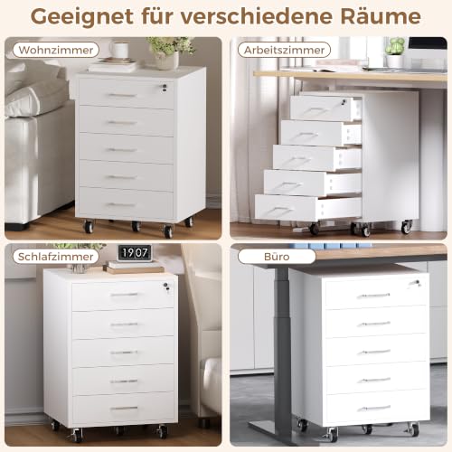 Rollcontainer mit 5 Schubladen, Aktenschrank Mit Schloss Metallrädern