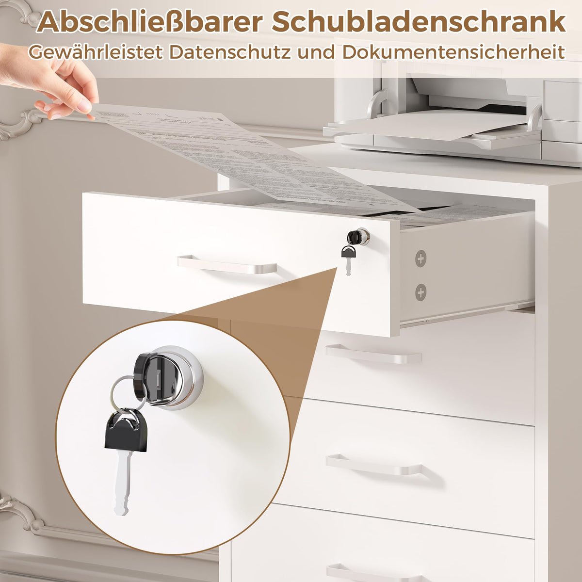 Rollcontainer mit 5 Schubladen, Aktenschrank Mit Schloss Metallrädern