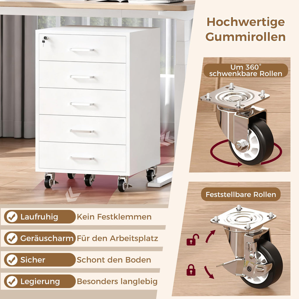 Rollcontainer mit 5 Schubladen, Aktenschrank Mit Schloss Metallrädern