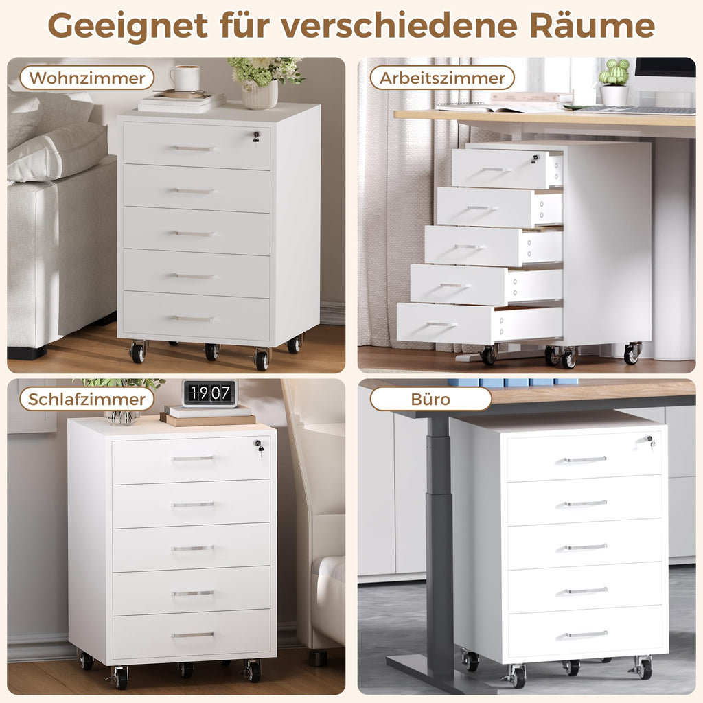 Rollcontainer mit 5 Schubladen, Aktenschrank Mit Schloss Metallrädern